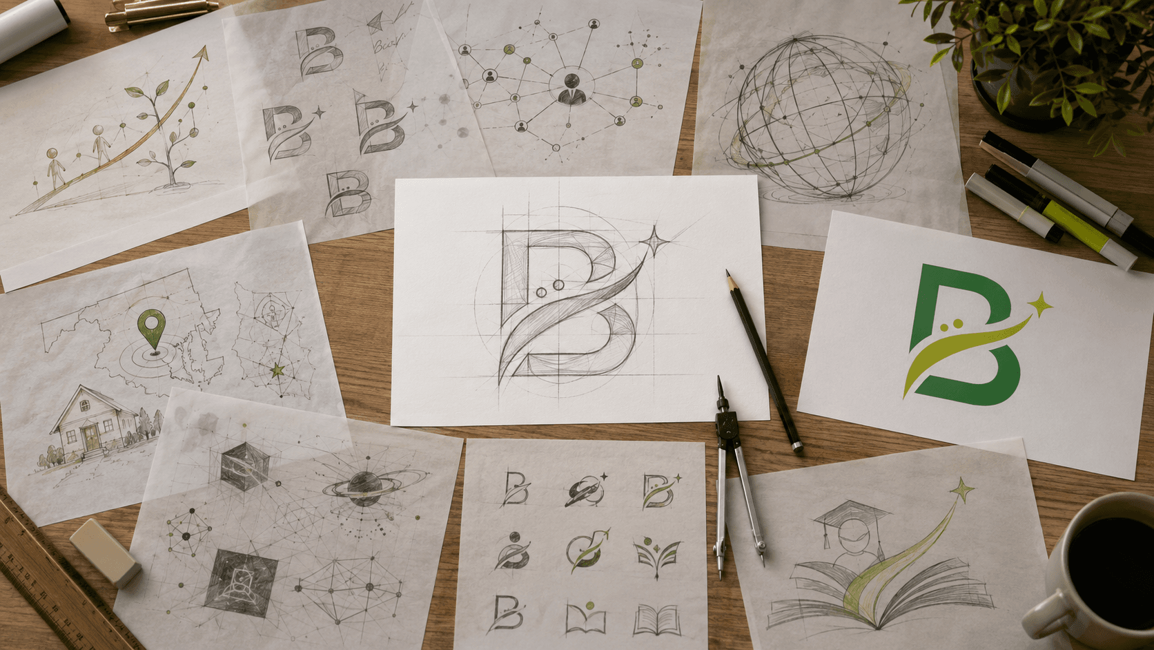 Big Benett logo sketches on a desk